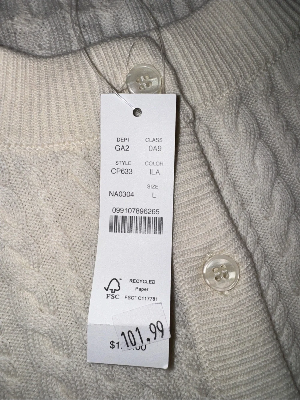 J. Crew Women's Cream Merino Wool Cable-Knit Button Cardigan Sweater NWT L